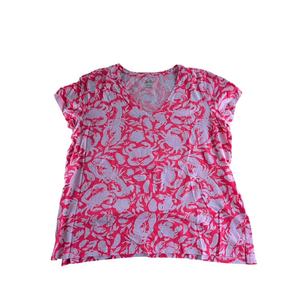 Lilly Pulitzer Womens XXL Pink White Tropical Crab Lobster V-Neck Cotton T-Shirt